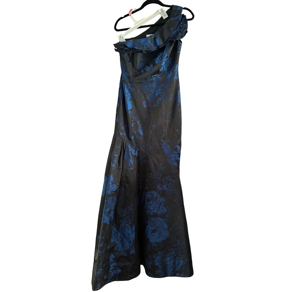 Teri Jon Rickie Freeman One Shoulder Blue Floral Jacquard Gown Dress Black 4